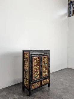 Asiatischer Schrank mit polychromen geschnitzten Paneelen
