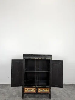 Asiatischer Schrank mit polychromen geschnitzten Paneelen