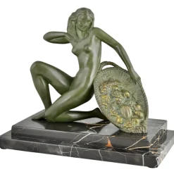 A. Soleau, Kniender Art Deco Akt mit Obstkorb, 1930, Bronze mit Marmorsockel