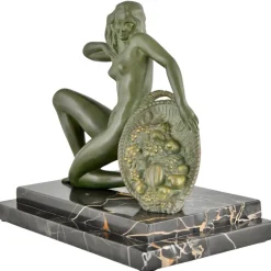 A. Soleau, Kniender Art Deco Akt mit Obstkorb, 1930, Bronze mit Marmorsockel