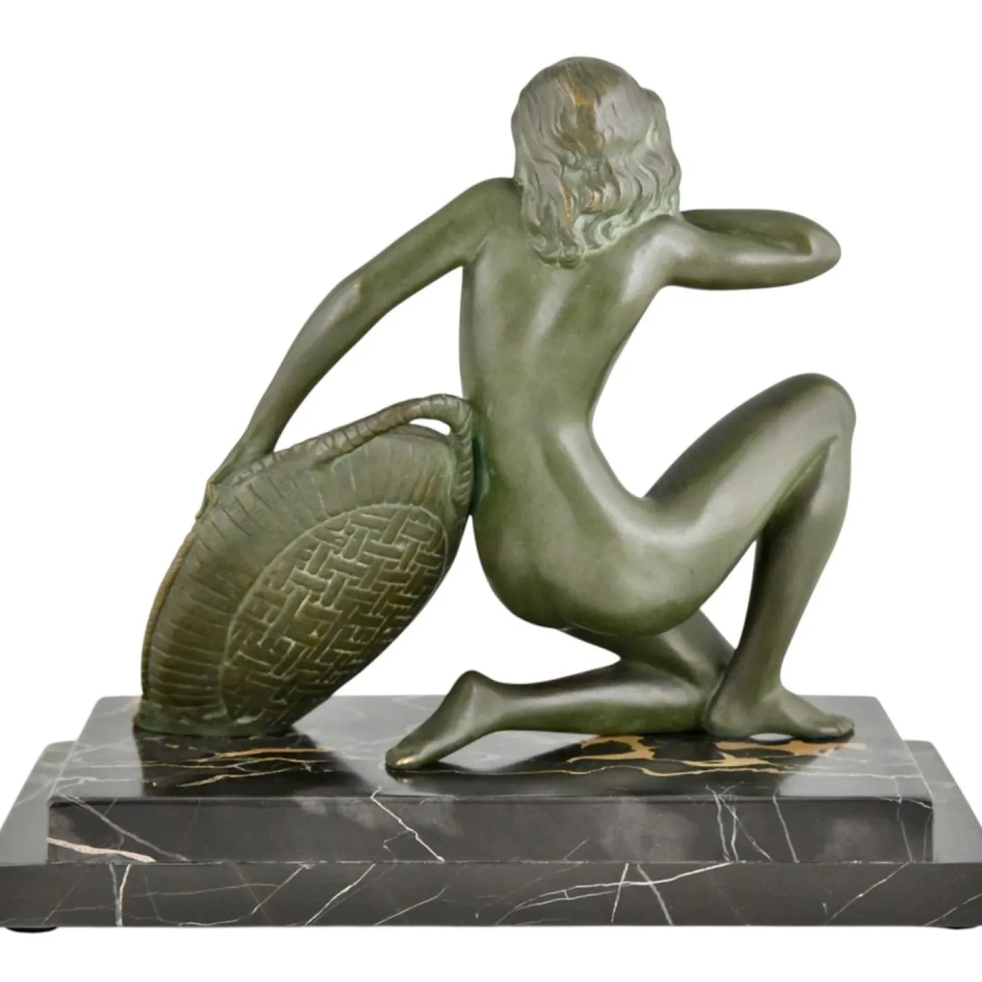 A. Soleau, Kniender Art Deco Akt mit Obstkorb, 1930, Bronze mit Marmorsockel