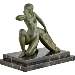 A. Soleau, Kniender Art Deco Akt mit Obstkorb, 1930, Bronze mit Marmorsockel
