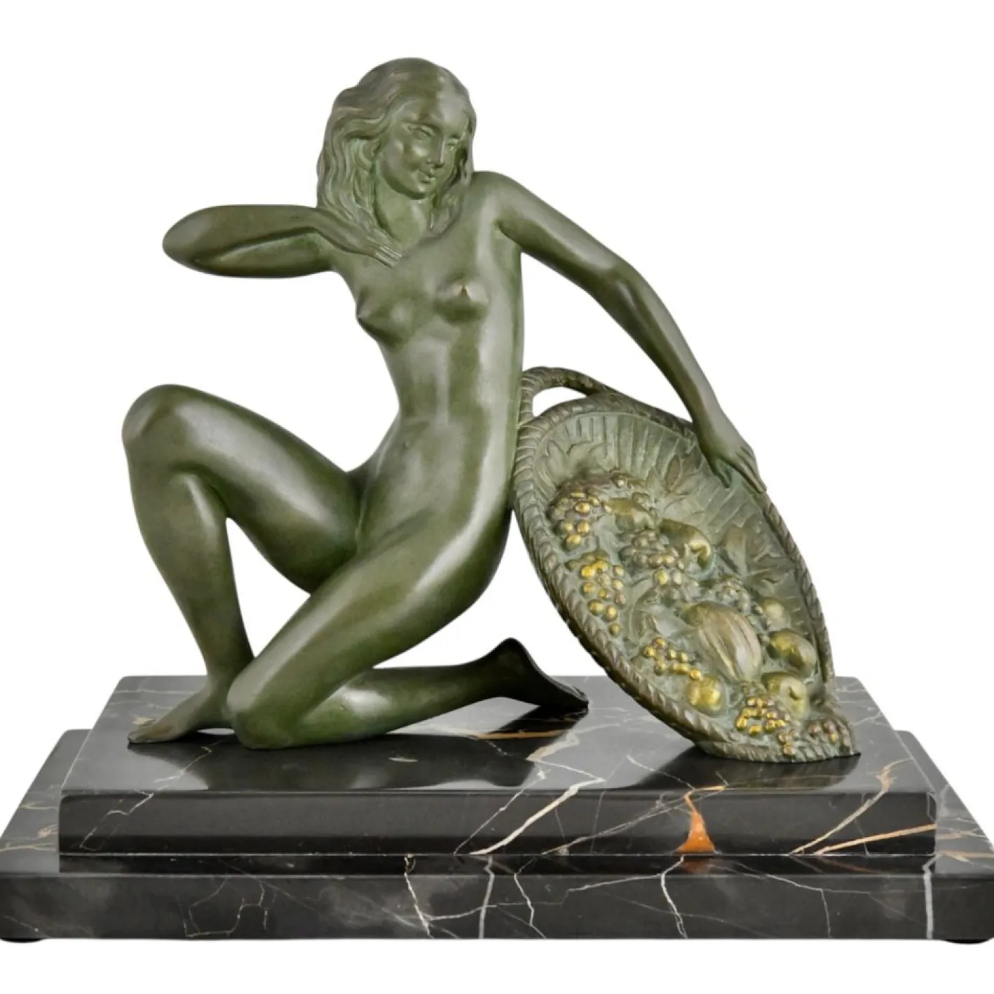 A. Soleau, Kniender Art Deco Akt mit Obstkorb, 1930, Bronze mit Marmorsockel