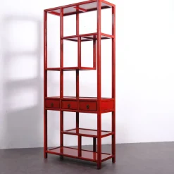Asymmetrisches chinesisches Bücherregal in Rotem Lack