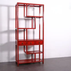 Asymmetrisches chinesisches Bücherregal in Rotem Lack