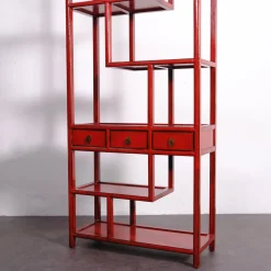 Asymmetrisches chinesisches Bücherregal in Rotem Lack