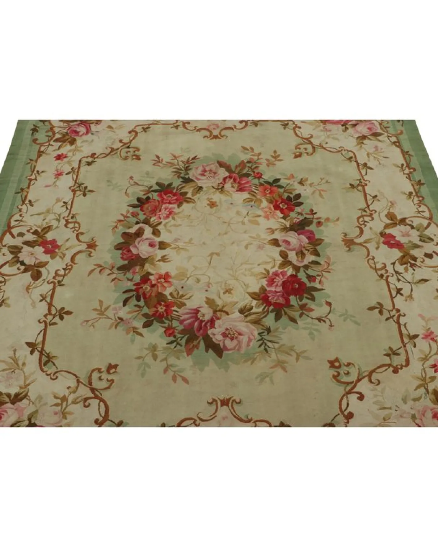 Aubusson Teppich mit floralem Medaillon in Hellgrün von Rug&Kilim