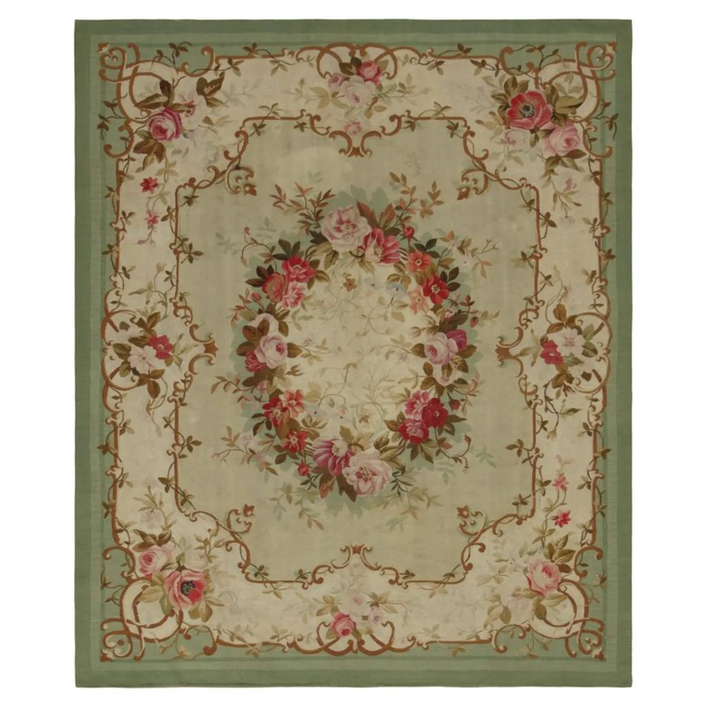 Aubusson Teppich mit floralem Medaillon in Hellgrün von Rug&Kilim