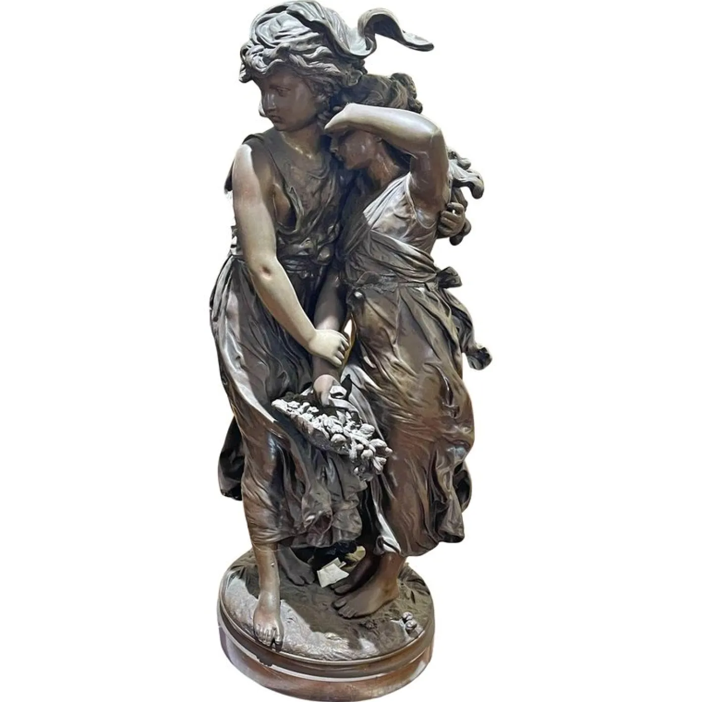 Auguste Moreau, Junges Mädchen mit Blumenkorb, 19. Jh., Bronze