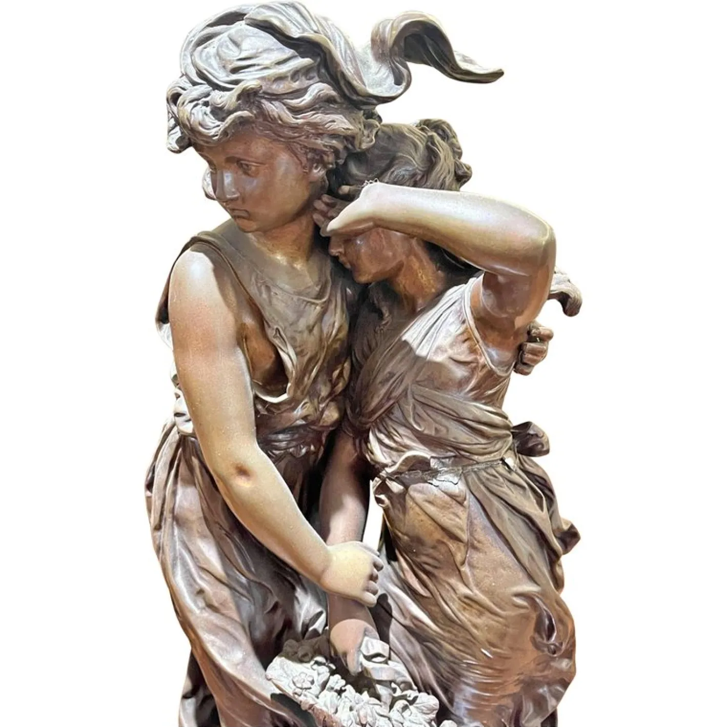 Auguste Moreau, Junges Mädchen mit Blumenkorb, 19. Jh., Bronze