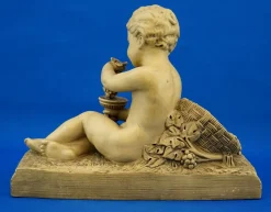 Bacchanal Putto Kind Bacchus Terrakotta Skulptur von Bohumil Rezl, Tschechoslowakei, 1800er