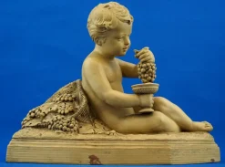 Bacchanal Putto Kind Bacchus Terrakotta Skulptur von Bohumil Rezl, Tschechoslowakei, 1800er