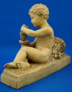 Bacchanal Putto Kind Bacchus Terrakotta Skulptur von Bohumil Rezl, Tschechoslowakei, 1800er