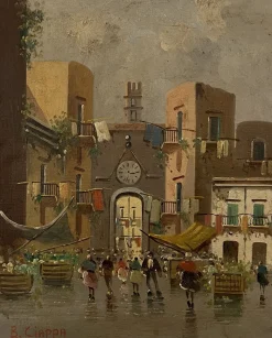 B. Ciappa, Place du village animée, Öl auf Leinwand