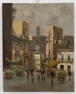 B. Ciappa, Place du village animée, Öl auf Leinwand