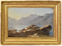 Berglandschaft Gemälde, 19. Jh., Öl auf Papier, gerahmt