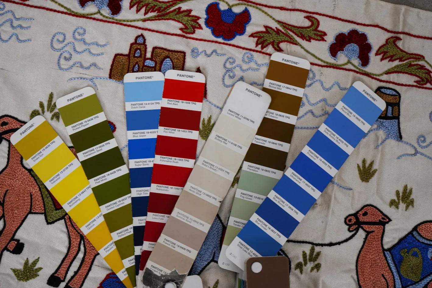 Böhmischer usbekischer Vintage Suzani Wandbehang Läufer mit Kamelmotiv