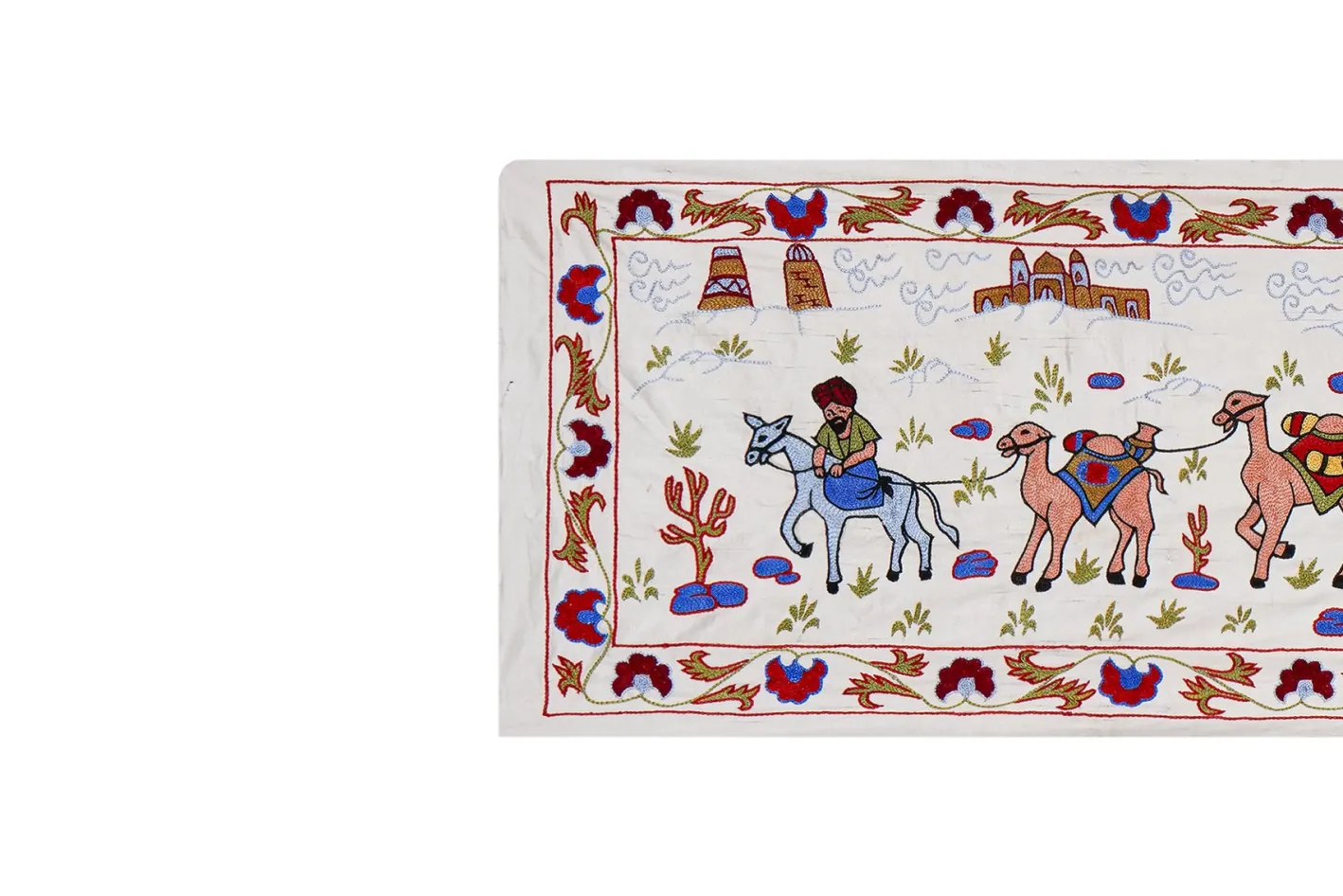 Böhmischer usbekischer Vintage Suzani Wandbehang Läufer mit Kamelmotiv