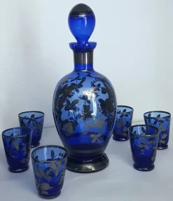 Blaues Likörglas Set aus Karaffe und Gläsern mit Silberüberzug, 7er Set