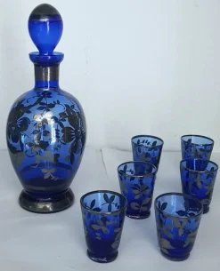 Blaues Likörglas Set aus Karaffe und Gläsern mit Silberüberzug, 7er Set