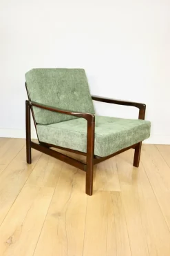 Brauner Vintage Armlehnstuhl aus Holz in grün-olivgrünem Jeans-Design von Z. Bączyk, 1970er