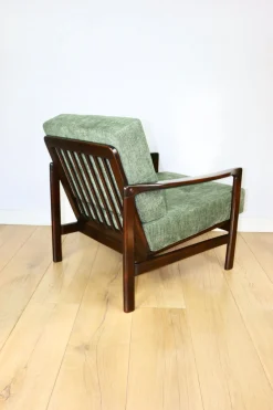Brauner Vintage Armlehnstuhl aus Holz in grün-olivgrünem Jeans-Design von Z. Bączyk, 1970er