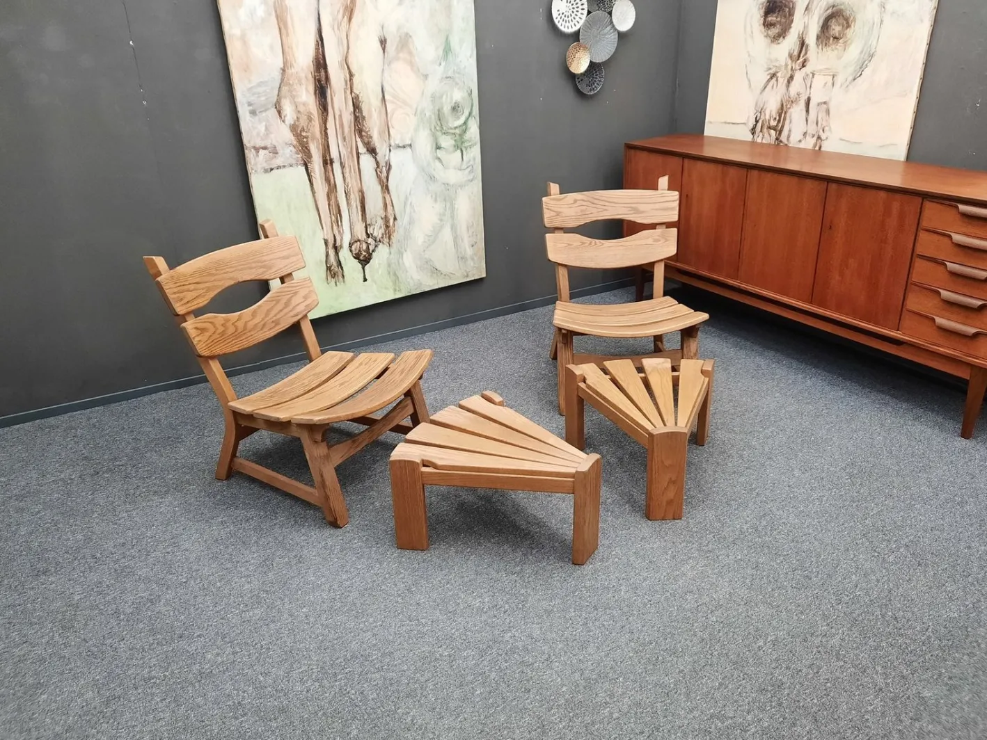 Brutalistische Eichenholzsessel und -fußhocker von Awa Holland für Awa Meubelfabriek, 1979, 4er-Set