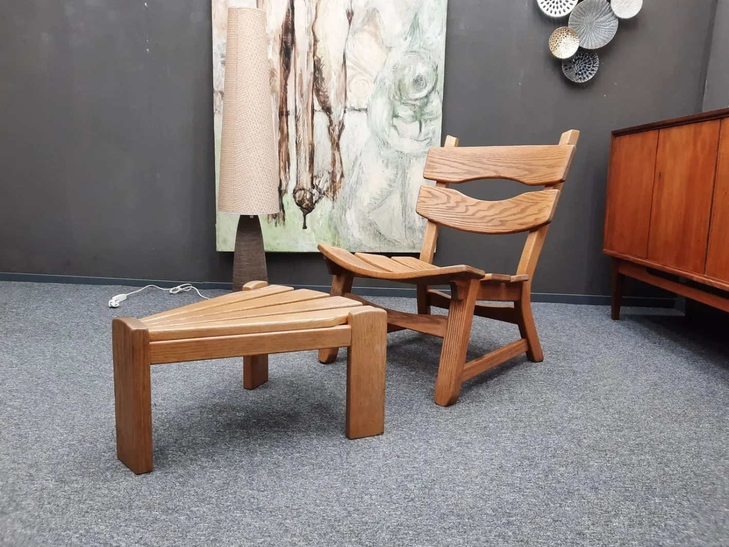 Brutalistische Eichenholzsessel und -fußhocker von Awa Holland für Awa Meubelfabriek, 1979, 4er-Set