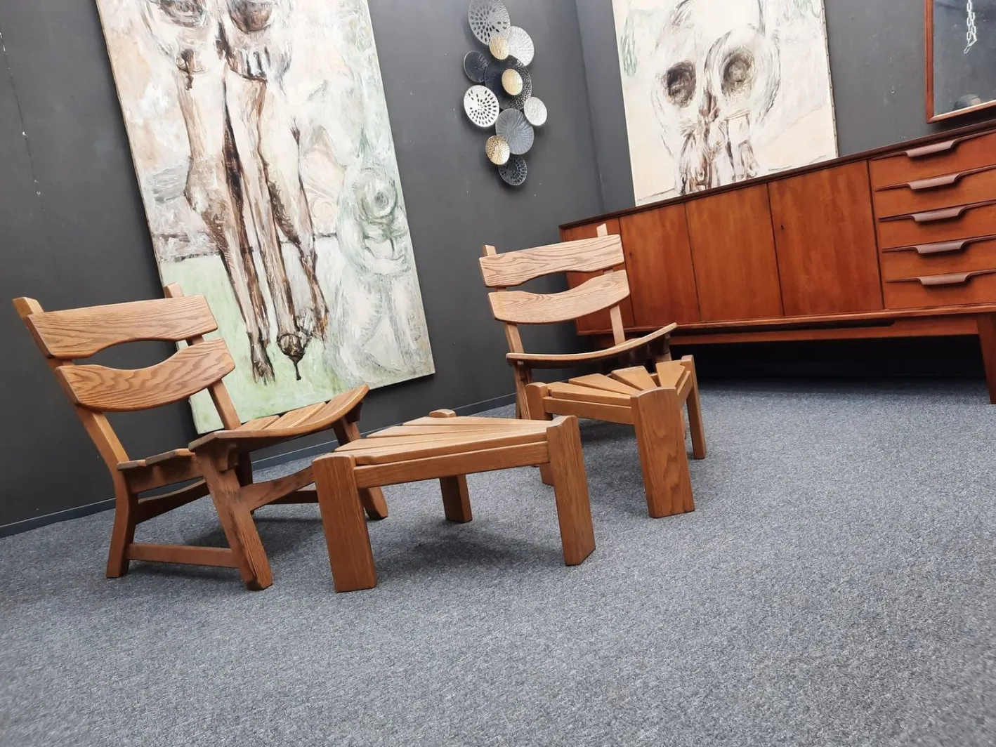 Brutalistische Eichenholzsessel und -fußhocker von Awa Holland für Awa Meubelfabriek, 1979, 4er-Set