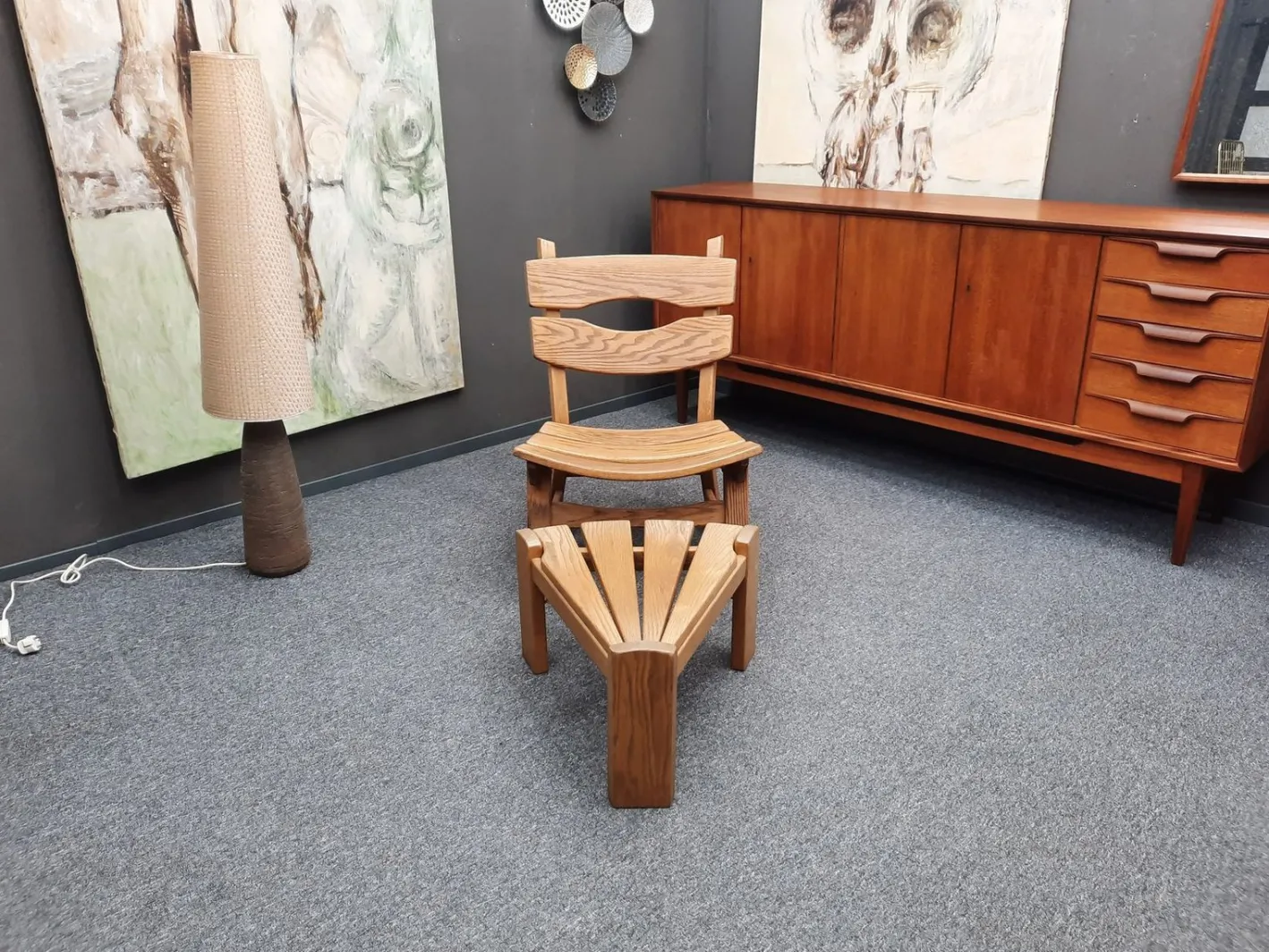 Brutalistische Eichenholzsessel und -fußhocker von Awa Holland für Awa Meubelfabriek, 1979, 4er-Set
