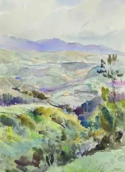 Carlo Ravagnan, Landschaft, Aquarell auf Papier, 1970er