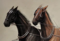Cecil Aldin, Trabpferde an einer leichten vierrädrigen Karrenfalle, Kreidezeichnung, gerahmt