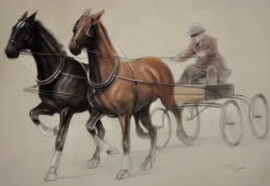 Cecil Aldin, Trabpferde an einer leichten vierrädrigen Karrenfalle, Kreidezeichnung, gerahmt