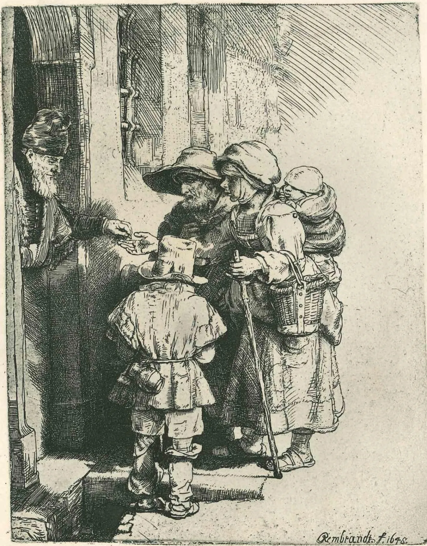 Charles Amand Durand nach Rembrandt, Bettler erhalten Almosen an der Tür eines Hauses, Gravur