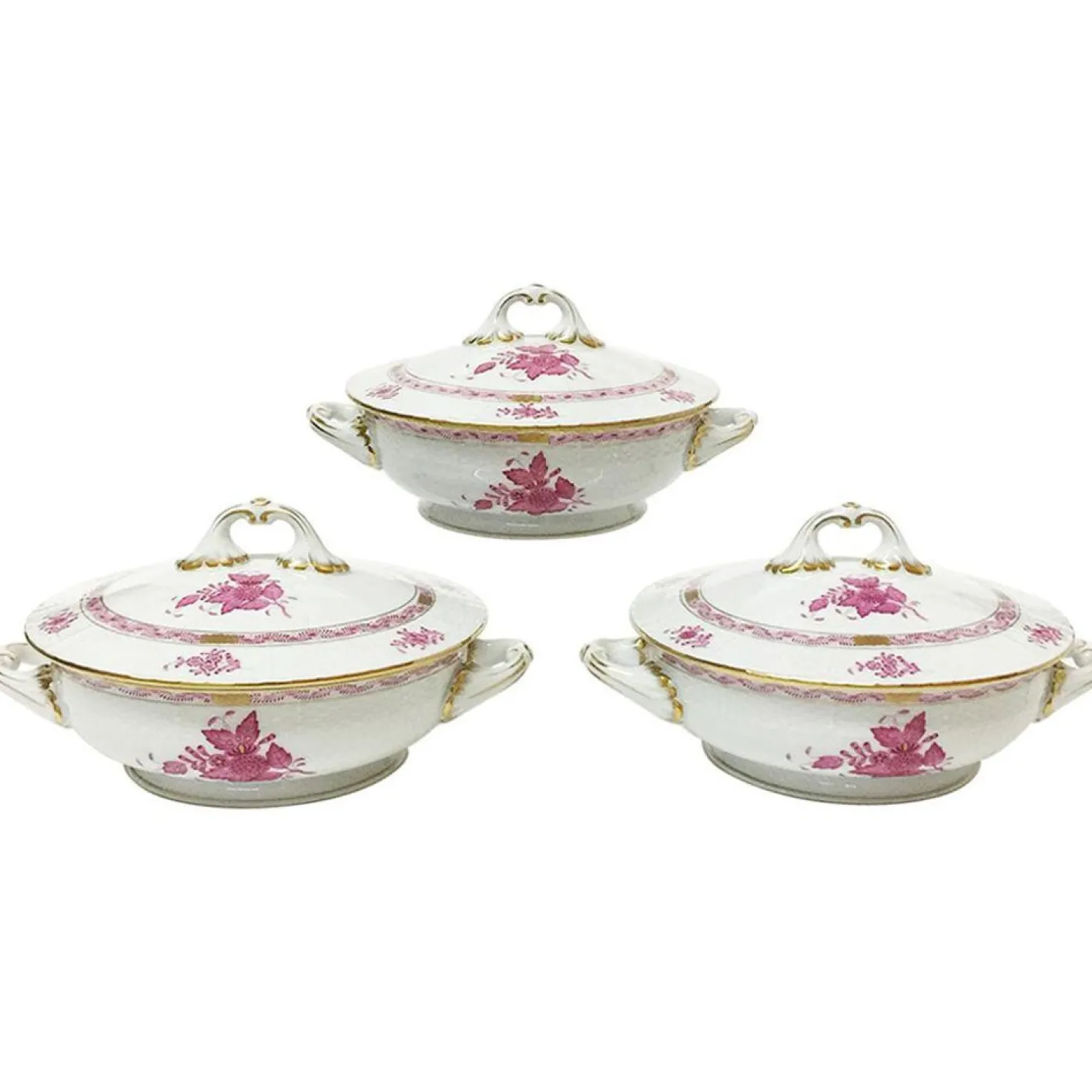 Chinese Bouquet Himbeer Terrinen mit Griffen von Herend, 3er Set