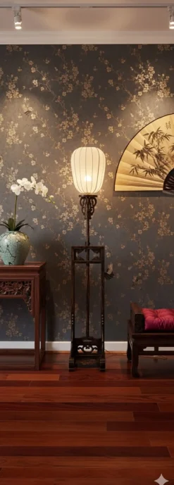 Chinesische Imperial Stehlampe mit weißem Stoffschirm und handgeschnitztem Holzfuß, 20. Jh.