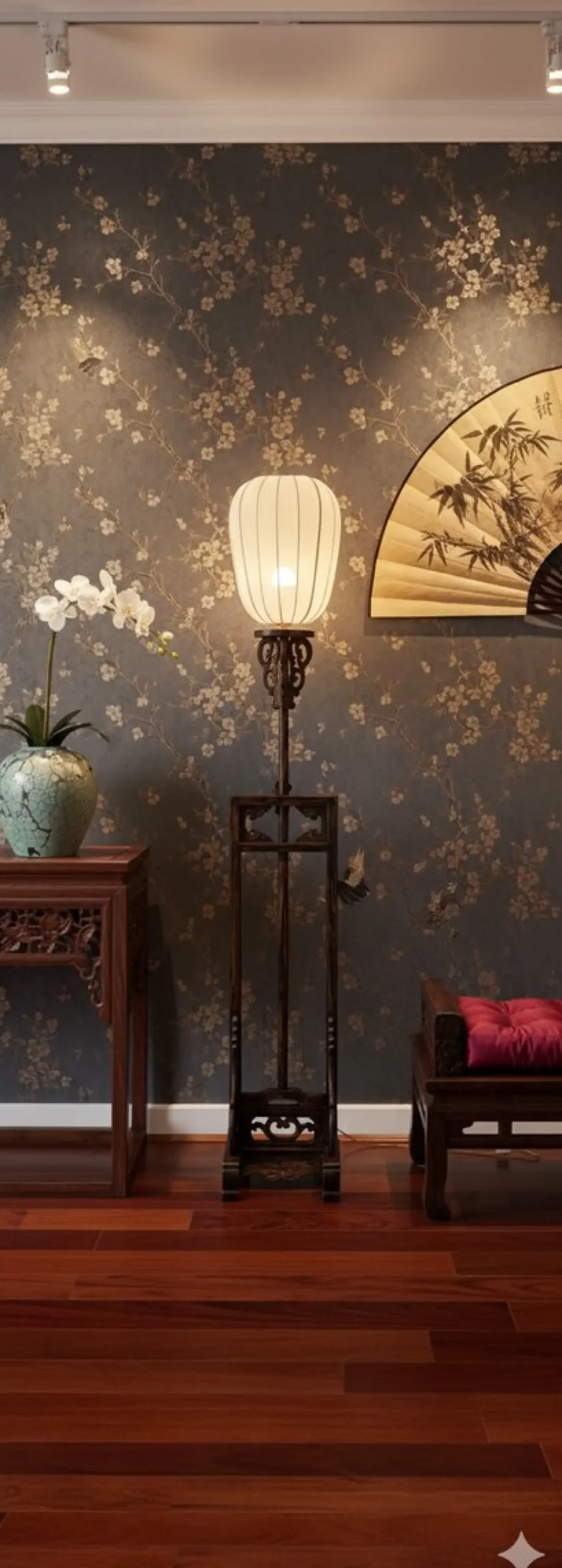 Chinesische Imperial Stehlampe mit weißem Stoffschirm und handgeschnitztem Holzfuß, 20. Jh.