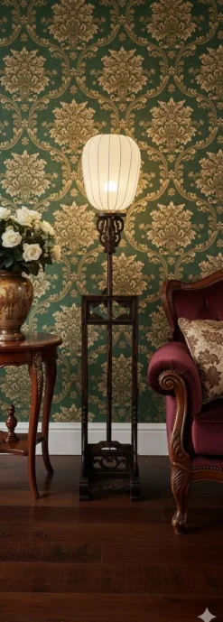 Chinesische Imperial Stehlampe mit weißem Stoffschirm und handgeschnitztem Holzfuß, 20. Jh.
