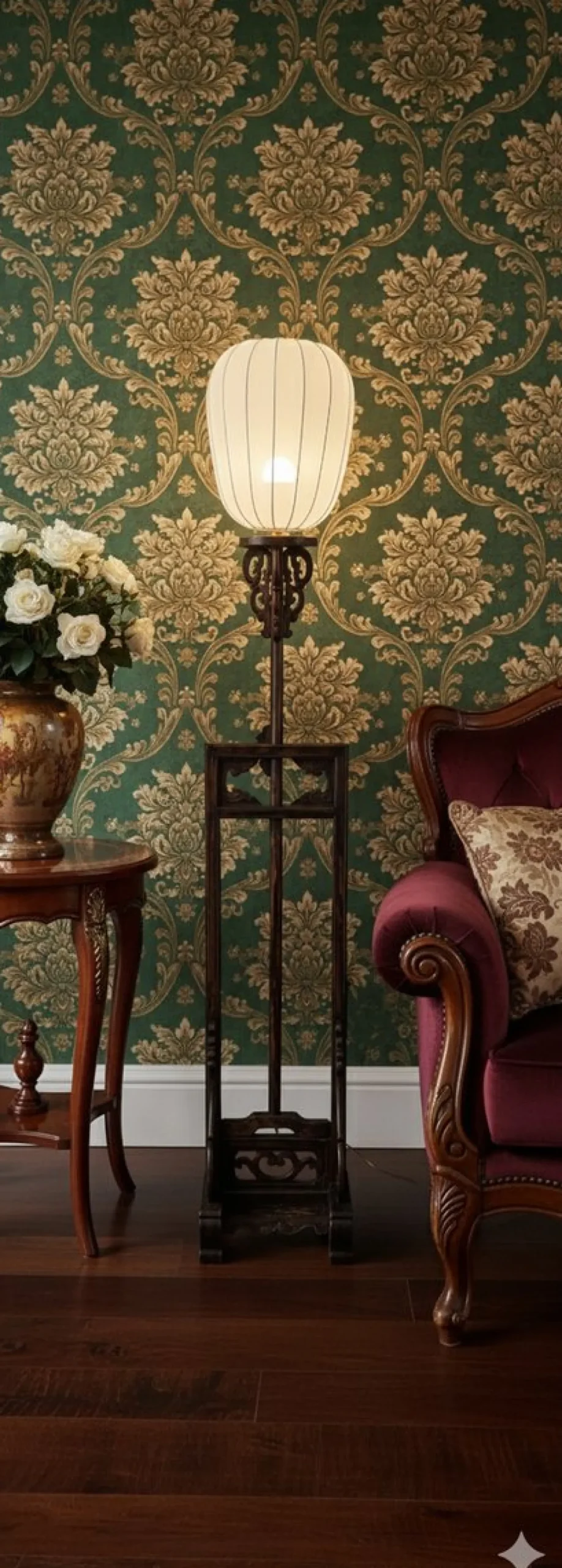 Chinesische Imperial Stehlampe mit weißem Stoffschirm und handgeschnitztem Holzfuß, 20. Jh.
