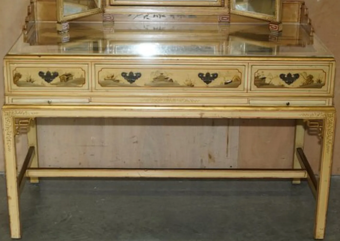 Chinesischer Chinoiserie Frisiertisch und Hocker aus Nussholz, 1920er, 2er Set