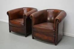 Cognacfarbene niederländische Vintage Ledersessel, 2er Set