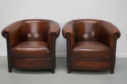 Cognacfarbene niederländische Vintage Ledersessel, 2er Set
