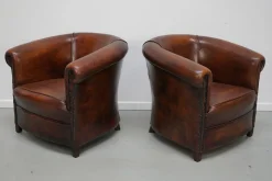 Cognacfarbene niederländische Vintage Ledersessel, 2er Set