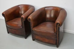 Cognacfarbene niederländische Vintage Ledersessel, 2er Set
