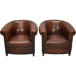 Cognacfarbene niederländische Vintage Ledersessel, 2er Set