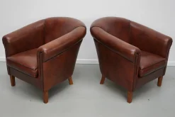 Cognacfarbener niederländischer Vintage Ledersessel, 2er Set
