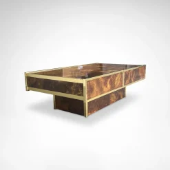Couchtisch aus Wurzelholz & Messing mit Barfach von Maison Lancel, France, 1980er