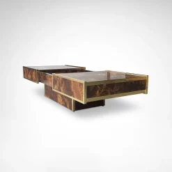 Couchtisch aus Wurzelholz & Messing mit Barfach von Maison Lancel, France, 1980er