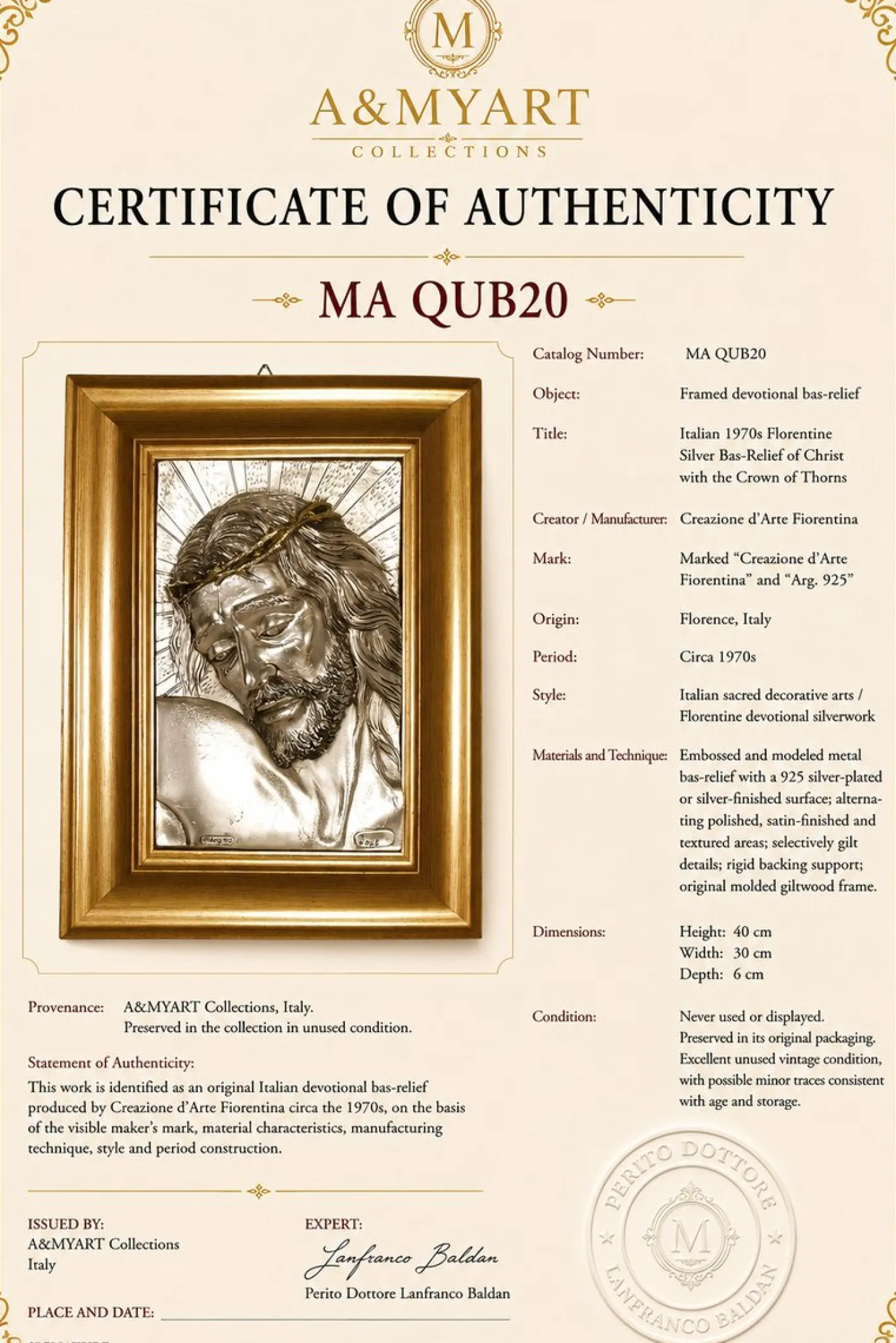 Creazioni Artistiche Firenze, Bas-Relief von Christus, 1970er, versilbert