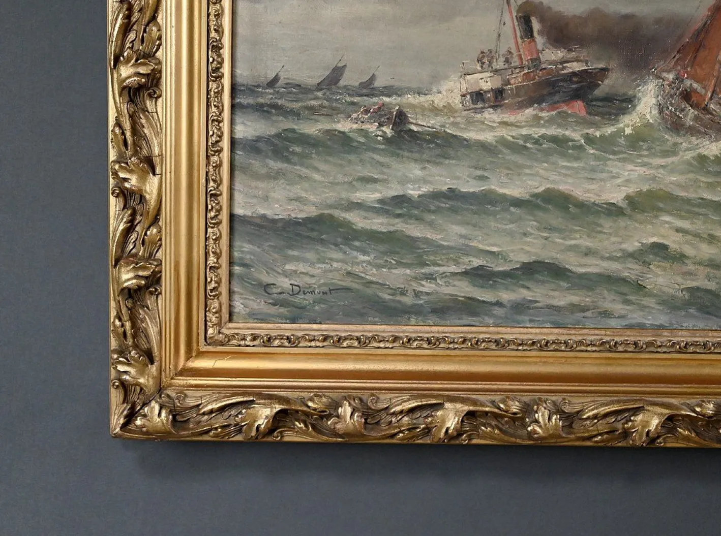 Demont, Gemälde Einfahrt in den Hafen von Rough Seas, 1890er, Öl auf Leinwand
